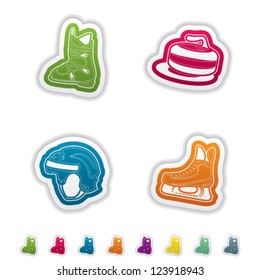 All things (objects) which are related to a winter sports. Pictured here left to right, top to bottom: Ski boot, Curling, Hockey helmet, Ice skate.