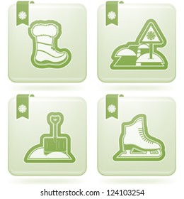 All things (objects) which are related to a winter time. Pictured here left to right, top to bottom: Winter shoes, Road and snow, Snow shovel, Skates.