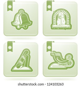 All things (objects) which are related to a winter time. Pictured here left to right, top to bottom: Bells, Snow and window, Snowboard, Sleigh.