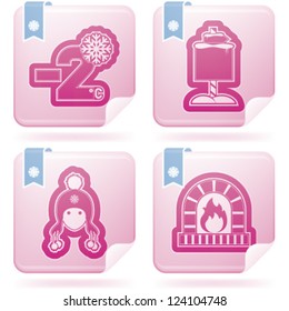 All things (objects) which are related to a winter time. Pictured here left to right, top to bottom: Temperature in Celsius scale, Winter sign, Winter hat, Fireplace.