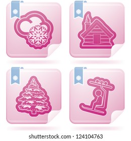 All things (objects) which are related to a winter time. Pictured here left to right, top to bottom: Snowy weather, Winter wooden home, Coniferous tree, Ski lift.