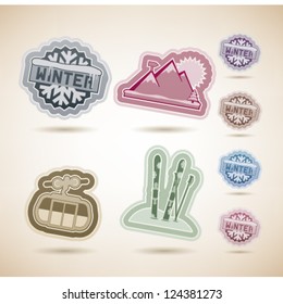 All things (objects) which are related to a winter time. Pictured here left to right, top to bottom: Winter badges, Winter landscape: mountains, Gondola (Cable car, Rope car, Lift), Skis and poles.