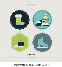 All things (objects) which are related to a winter time. Pictured here left to right, top to bottom - Winter shoes, Road and snow, Snow shovel, Skates.