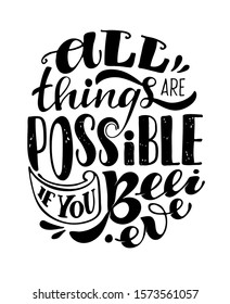 All things are possible if you Believe - cute hand drawn doodle lettering postcard