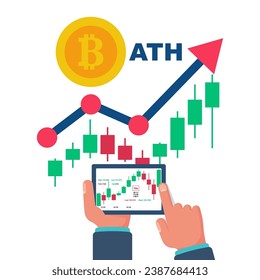 All Time High. Bitcoin ATH. BTC. The highest price. New achievement. Trade schedule with coin cryptocurrency. Vector illustration flat design. Isolated on white background.