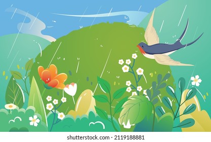 All the time swallows fly in the rain with green hills in the background and spring plants in the foreground, vector illustration