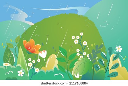 All the time swallows fly in the rain with green hills in the background and spring plants in the foreground, vector illustration