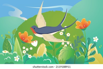 All the time swallows fly in the rain with green hills in the background and spring plants in the foreground, vector illustration