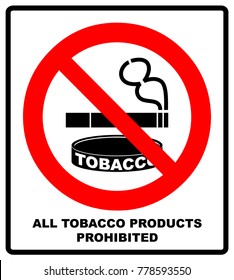 All Tobacco Products Prohibited Icon. No Smoking Sign. Vector Illustration Isolated On White Background. Warning Forbidden Symbol, Black Pictogram In Red Circle