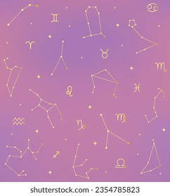 All Together Zodiac Signs Constellations Golden Pattern Illustrations. Esoteric Seamless Background Pattern, Mystic Astrology Spiritual Symbols