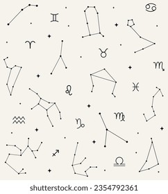 All Together Zodiac Signs Constellations Pattern Illustrations. Black and White Option. Esoteric Seamless Background Pattern, Mystic Astrology Spiritual Symbols. Black and White Option.