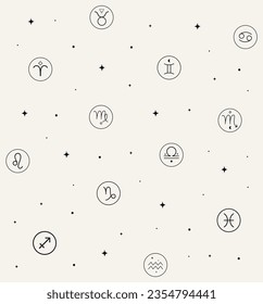 All Together Zodiac Signs Pattern Illustrations. Black and White Option. Esoteric Seamless Background Pattern, Mystic Astrology Spiritual Symbols. Black and White Option.
