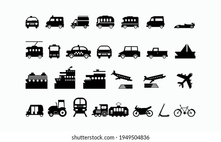 All Transport Vector Icons Set. Transportation, Logistics, Delivery, Shipping, Railway, Airways, Ambulance, Emergency car symbols, emojis, emoticons, vector illustration icons collection