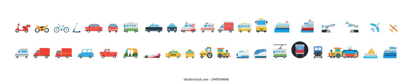 All Transport Vector Icons Set. Transportation, Logistics, Delivery, Shipping, Railway, Airways, Ambulance, Emergency car symbols, emojis, emoticons, vector illustration icons collection