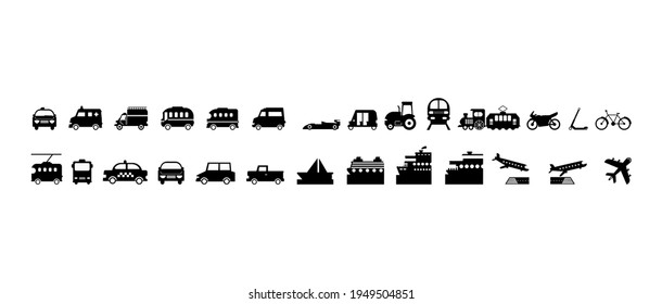 All Transport Vector Icons Set. Transportation, Logistics, Delivery, Shipping, Railway, Airways, Ambulance, Emergency car symbols, emojis, emoticons, vector illustration icons collection