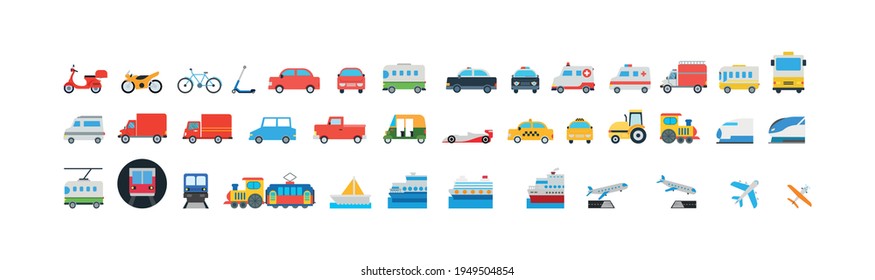 All Transport Vector Icons Set. Transportation, Logistics, Delivery, Shipping, Railway, Airways, Ambulance, Emergency car symbols, emojis, emoticons, vector illustration icons collection