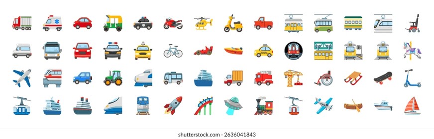 All Transport Vector Icons Set. Transportation, Logistics, Delivery, Shipping, Railway, Airways, Ambulance, Emergency car symbols, emojis, emoticons, vector 10 eps.