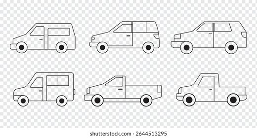 All transport vehicles icon set. Car icon, symbol. Car view from side. Vehicle logotype. Types of transport. Vector illustration a isolated on white background. Eps 10.