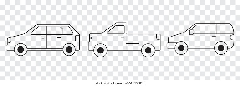 All transport vehicles icon set. Car icon, symbol. Car view from side. Vehicle logotype. Types of transport. Vector illustration a isolated on white background. Eps 10.