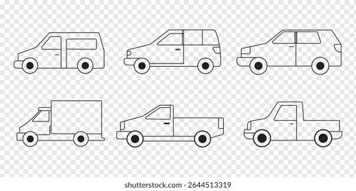 All transport vehicles icon set. Car icon, symbol. Car view from side. Vehicle logotype. Types of transport. Vector illustration a isolated on white background. Eps 10.