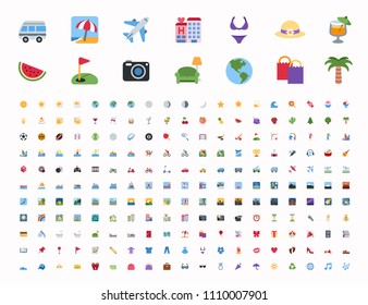 All Travel, summer vacation, journey holidays icons, activities emojis, emoticons set. Vector illustration flat style tourism symbols collection.