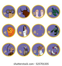 All twelve zodiac signs colorful vector illustration in circle isolated on a white background. Horoscope