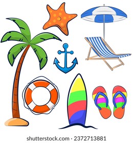all type of beach stuff summer set vector illustration hand drawn
