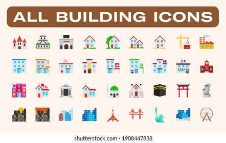 All type of Buildings, Architecture Examples Vector Illustration Icons Set. Residential Buildings, Skyscrapers, Famous Landmarks, Mosque, Church, School, Hospital, Urban Isolated Symbols Collection