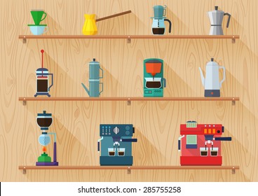 all type of coffee maker. long shadow and flat design icons set on shelf and wood texture background. a vector illustration.