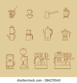 all type of coffeemaker and branch of coffee bean. outline icons set. a vector illustration.