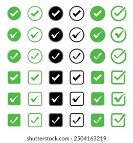 All type different check marks, tick marks on a white background with a green, black and outline arrow pointing.