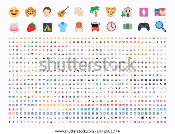 All type of emojis, emoticons, stickers flat
vector illustration symbols. Hands, man, woman, workers, fruits,
drinks, food, buildings, animals, activity, sport smileys icons
set, collection, package