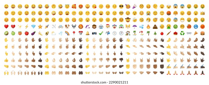 All type of emojis in one big set. Hands, gesture, people, animals, food, transport, activity, sport emoticons. Smiley big collection. Vector illustration. - Shutterstock ID 2290021211