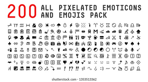 All type of emojis, stickers, emoticons pixelated flat vector illustration. Hands, man, woman, workers, fruit drinks food house, animals, activity, sport icons set, collection