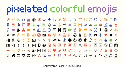 All type of emojis, stickers, emoticons pixelated flat vector illustration. Hands, man, woman, workers, fruit drinks food house, animals, activity, sport icons set, collection