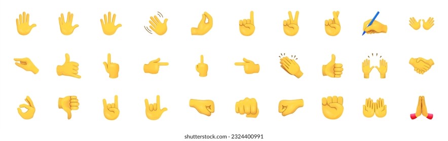 Todo tipo de emojis de mano, gestos, pegatinas, emoticonos, símbolos de ilustración plana vectorial, colección. Manos, apretones de manos, músculo, dedo, puño, dirección, como, a diferencia, colección de dedos, vector 10