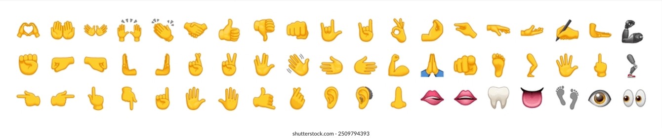 Todo tipo de emojis de mano, gestos, pegatinas, emoticonos conjunto de símbolos de ilustración plana, colección. Manos, apretones de manos, músculo, dedo, puño, dirección, como, a diferencia de, dedos colección, iconos vectoriales.