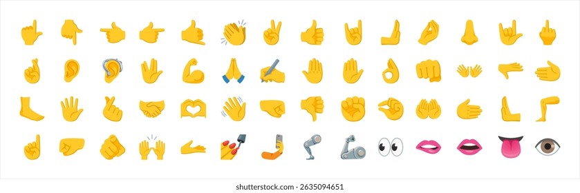 All type of hand emojis, gestures, stickers, emoticons flat illustration symbols set, collection. Hands, handshakes, muscle, finger, fist, direction, like, unlike, fingers collection, vector emojis.