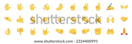 All type of hand emojis, gestures, stickers, emoticons flat vector illustration symbols set, collection. Hands, handshakes, muscle, finger, fist, direction, like, unlike, fingers collection, vector 10 商業照片 © 