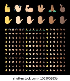 All type of hand emojis in all skin colors, emoticons flat vector illustration symbols set, collection. Hands, handshakes, muscle, finger, fist, direction, like, unlike, fingers on black background