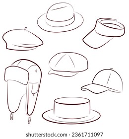 all type of hat line set vector illustration hand drawn