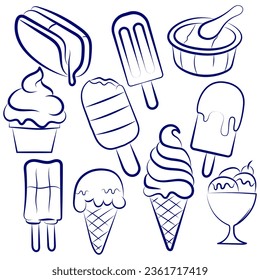 all type of ice cream line set vector illustration hand drawn