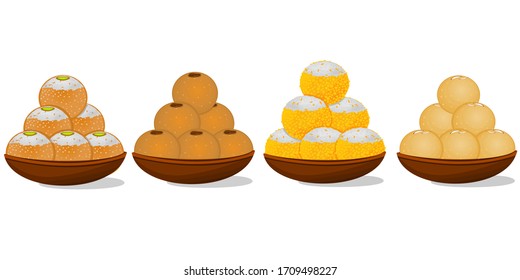 All type Laddu like Bundi Laddu,Atta Laddu,Besan Laddu,Churma Indian Sweets or Mithai Food Vector