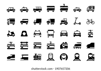 Todo tipo de Iconos de Iconos de Ilustraciones de Vectores de Vehículos Terrestres. Transporte, Logística, Entrega, Envío, Ferrocarril, Ambulancia, Símbolos de los coches de emergencia Símbolos de ilustración vectorial de estilo plano colección