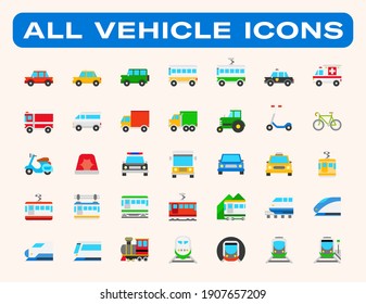 All type of Land Vehicles Vector Illustrations Icons Set. Transportation, Logistics, Delivery, Shipping, Railway, Ambulance, Emergency car symbols flat style vector illustration symbols collection