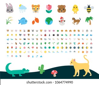 All type of nature, animals, wild world, life, plants, flora, fauna, zoo, weather, planet symbols, emojis, emoticons, stickers, flat vector illustrations, icons, cartoon, characters set, collection