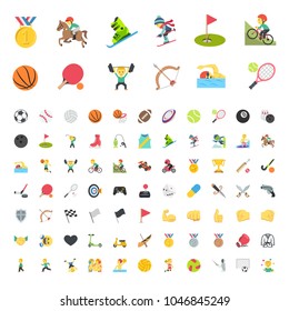 All type of sports, recreation, fitness emojis, emoticons, stickers. Games, horse riding, rider, soccer, football balls, mountain biking symbols, vector illustration icons, concept, set, collection