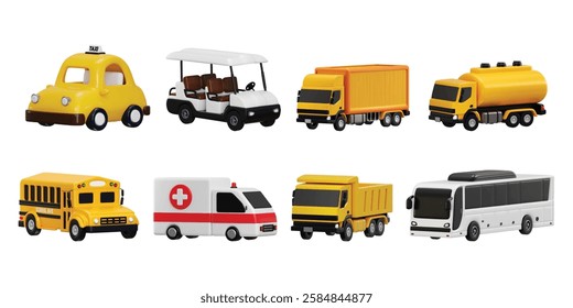 All type of vehicles 3d render like bus, taxi, container truck, School bus, oil tanker, Dump truck and medical ambulance vehicle icon 3d render vector illustration