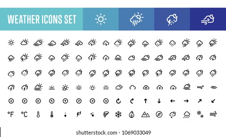 All types of air, weather conditions, rain, snowing, raining, sunny, stormy, windy, cloudy, arrows, prognosis modern line vector illustration symbols icons set, collection, pack