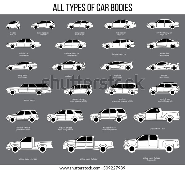 All types of car bodies. Car Type and Model\
Objects icons Set . Vector black illustration isolated. Variants of\
automobile body silhouette for\
web.